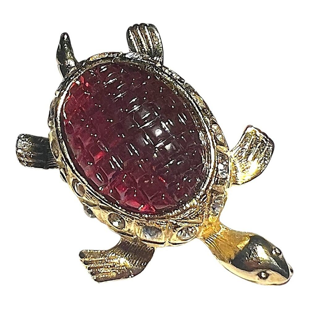 Elegant Gold tone with carved Red stone & Rhinestones Tiny Turtle Brooch